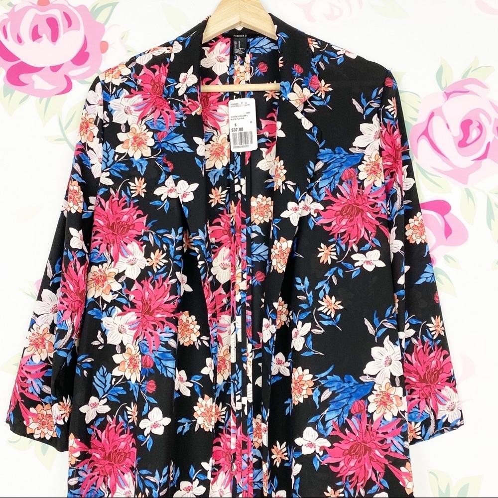 NEW Forever 21 Printed Floral Pink Blue Black Longline Duster Kimono S - Picture 2 of 6